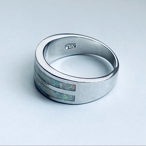 Sterling Silver White Lab Opal Ring, Wedding Band, October Birthstone Rings - Picture 10 of 13